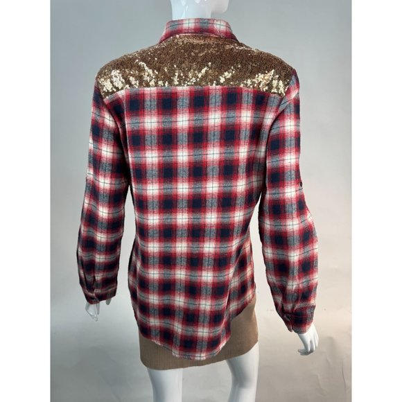 E2 Plaid and Sequin Western Styled Shirt M Red Blue Cotton Vintage - Picture 6 of 16